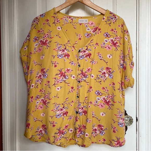 Maurices floral boxy top Loose fit Japanese Print yellow womens xl Boxy Blouse - Picture 1 of 9